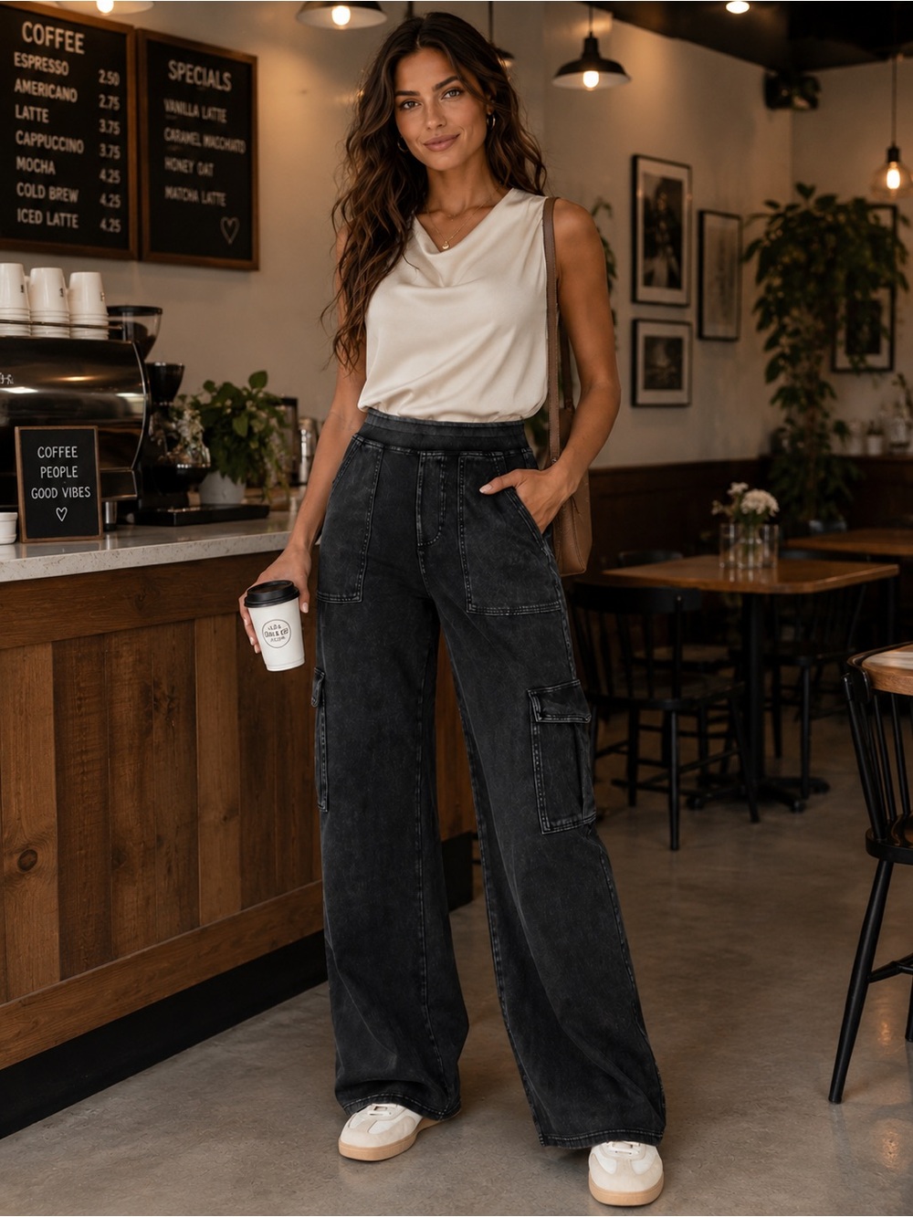 HALARA Washed Black High-Waist Wide Leg Cargo Jeans